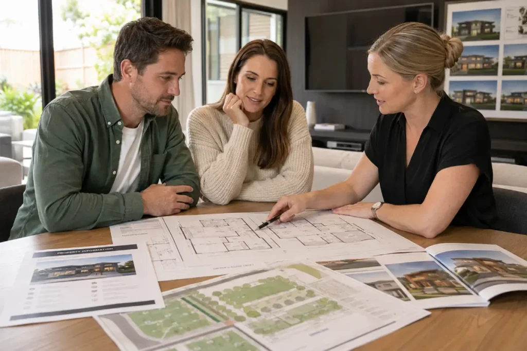 Couple and Manor Homes designer reviewing plans to build from their own house plans