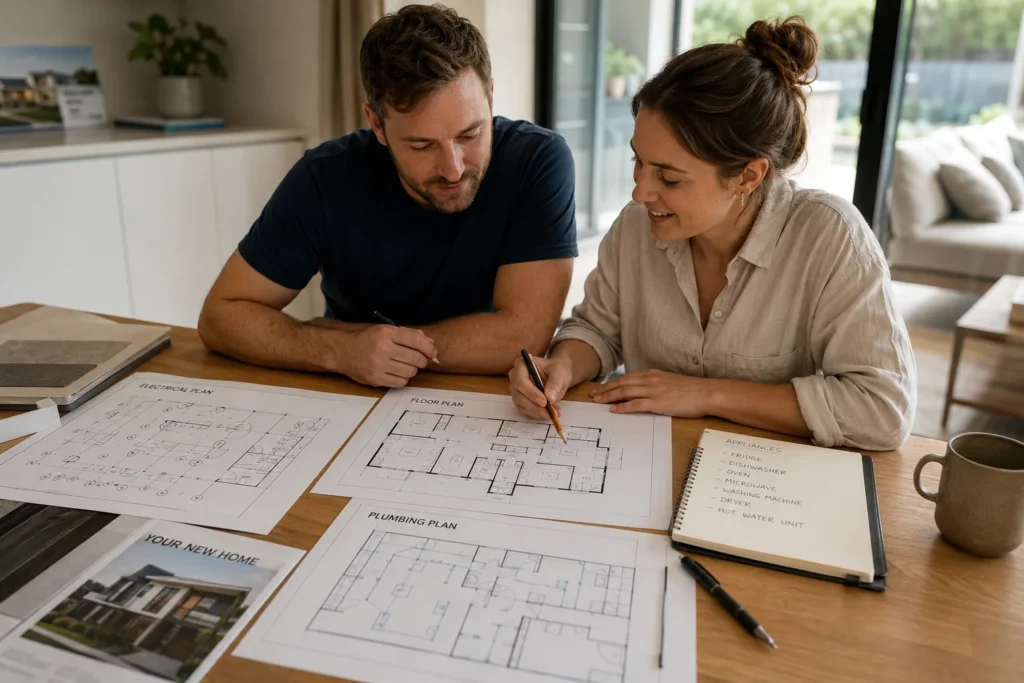 Couple reviewing electrical and plumbing planning for their new family home.