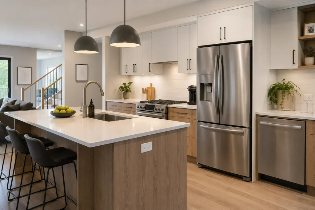 Kitchen powerpoints and plumbing connections planned around everyday appliances.